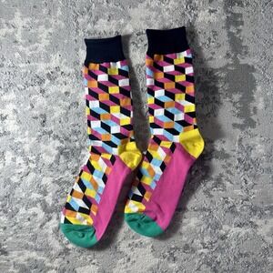 New Geometric 3D Cube Pattern Multi Color Crew Socks Pink Yellow Blue